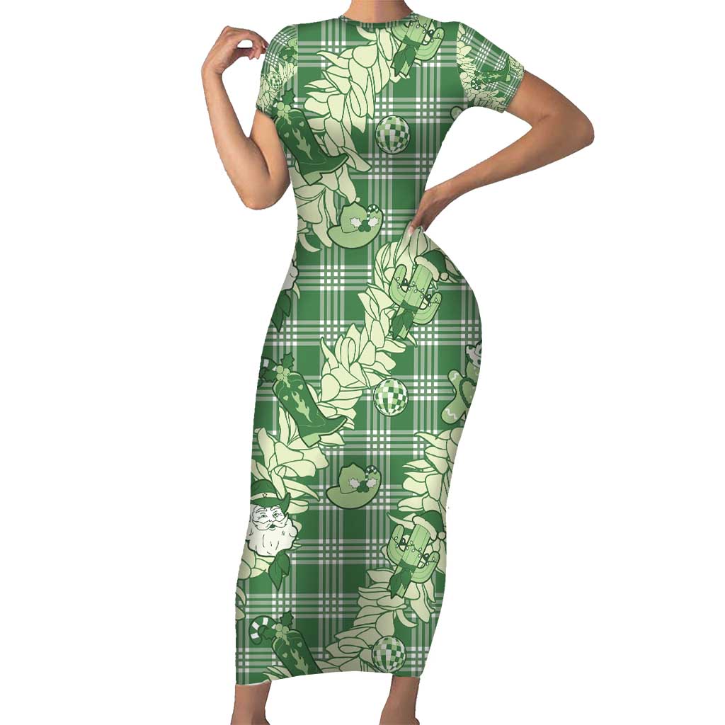 Green Palaka Hawaii Cowboy Christmas Short Sleeve Bodycon Dress Paniolo Mix Maile Lei - Polynesian Pride