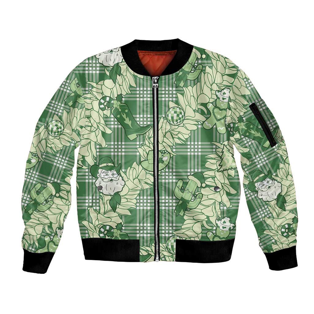 Green Palaka Hawaii Cowboy Christmas Sleeve Zip Bomber Jacket Paniolo Mix Maile Lei - Polynesian Pride