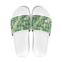 Green Palaka Hawaii Cowboy Christmas Slide Sandals Paniolo Mix Maile Lei - Polynesian Pride