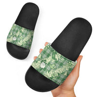 Green Palaka Hawaii Cowboy Christmas Slide Sandals Paniolo Mix Maile Lei - Polynesian Pride