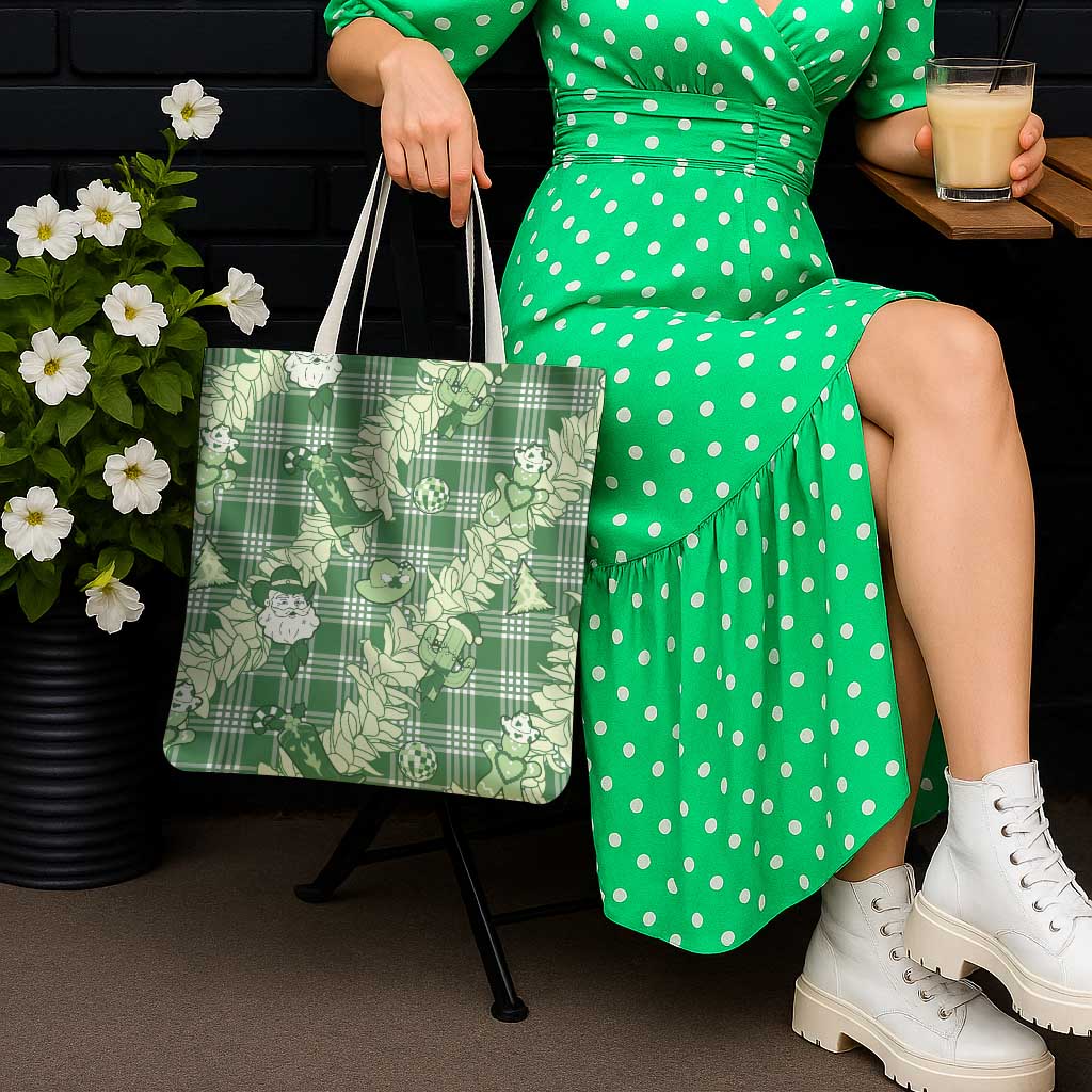Green Palaka Hawaii Cowboy Christmas Tote Bag Paniolo Mix Maile Lei - Polynesian Pride