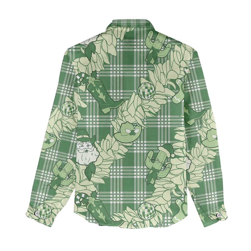 Green Palaka Hawaii Cowboy Christmas Women Casual Shirt Paniolo Mix Maile Lei - Polynesian Pride