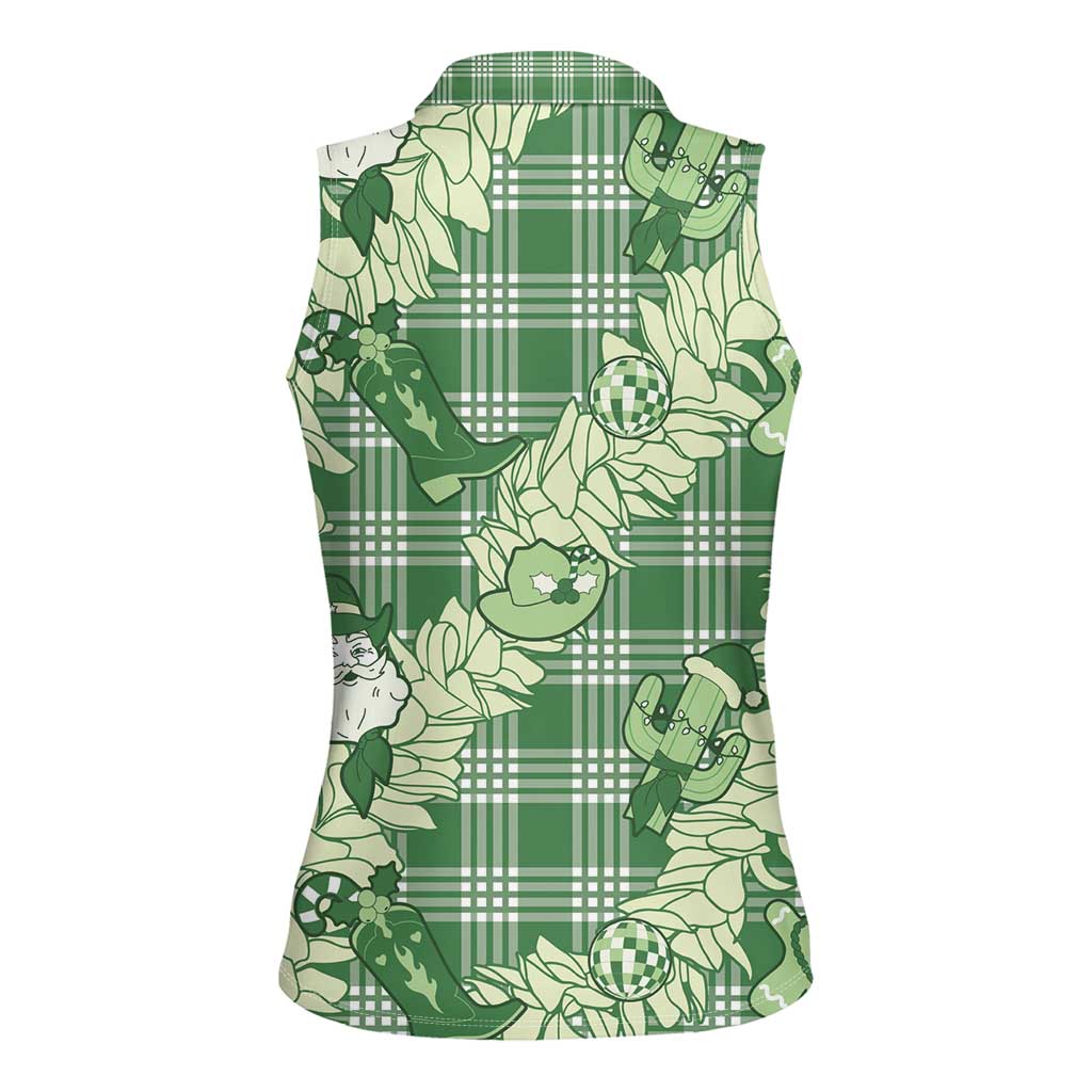 Green Palaka Hawaii Cowboy Christmas Women Sleeveless Polo Shirt Paniolo Mix Maile Lei - Polynesian Pride