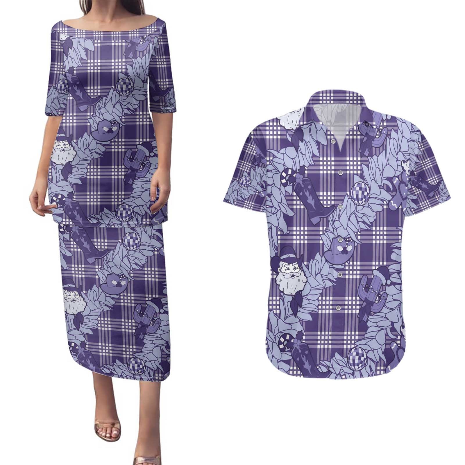 Purple Palaka Hawaii Cowboy Christmas Couples Matching Puletasi and Hawaiian Shirt Paniolo Mix Maile Lei - Polynesian Pride