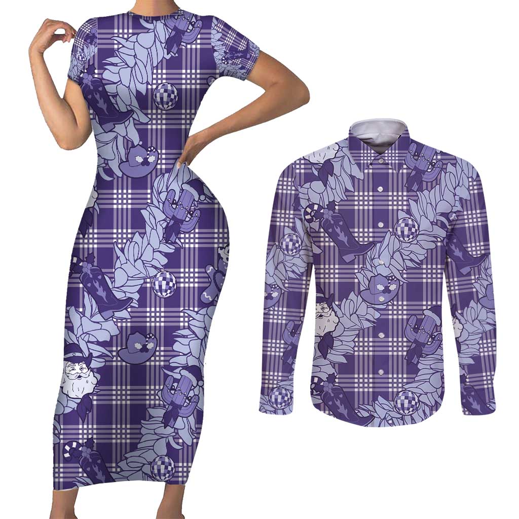Purple Palaka Hawaii Cowboy Christmas Couples Matching Short Sleeve Bodycon Dress and Long Sleeve Button Shirt Paniolo Mix Maile Lei - Polynesian Pride
