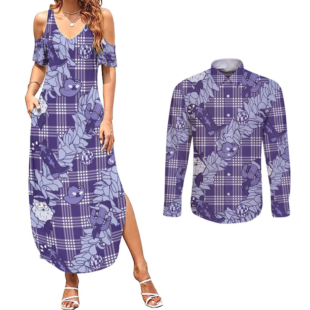 Purple Palaka Hawaii Cowboy Christmas Couples Matching Summer Maxi Dress and Long Sleeve Button Shirt Paniolo Mix Maile Lei - Polynesian Pride