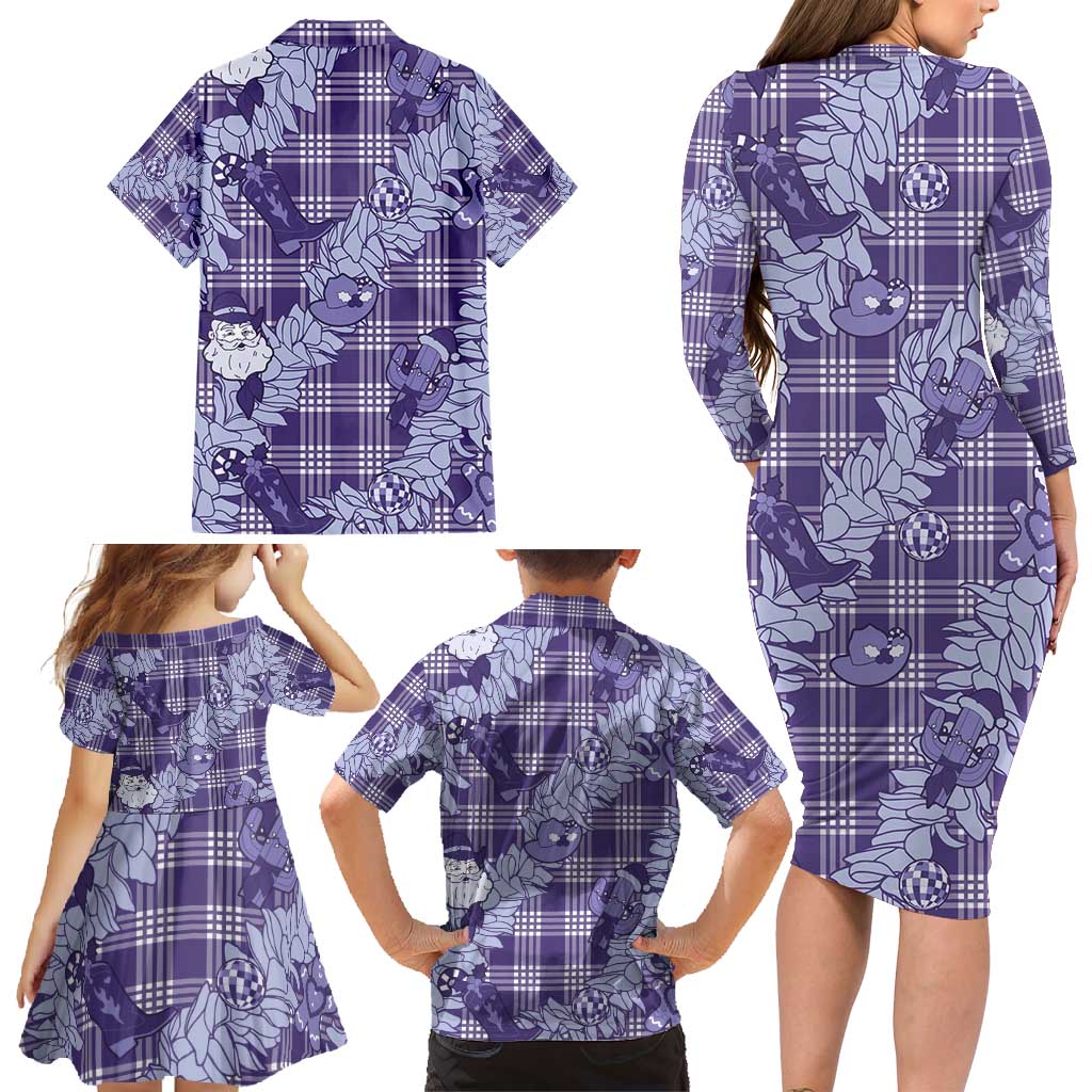 Purple Palaka Hawaii Cowboy Christmas Family Matching Long Sleeve Bodycon Dress and Hawaiian Shirt Paniolo Mix Maile Lei - Polynesian Pride