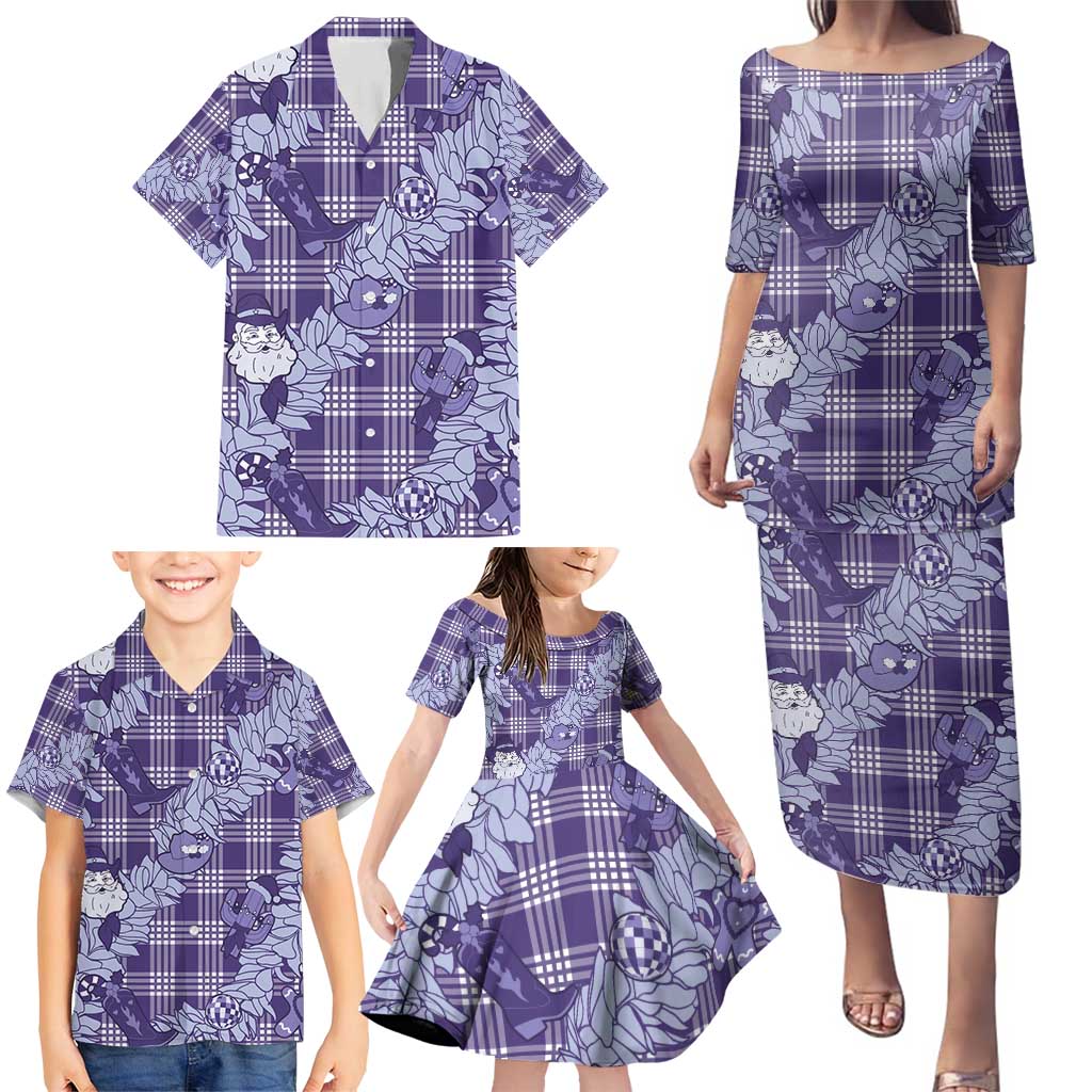 Purple Palaka Hawaii Cowboy Christmas Family Matching Puletasi and Hawaiian Shirt Paniolo Mix Maile Lei - Polynesian Pride