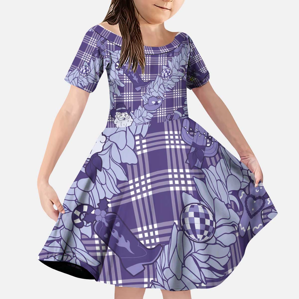 Purple Palaka Hawaii Cowboy Christmas Kid Short Sleeve Dress Paniolo Mix Maile Lei - Polynesian Pride