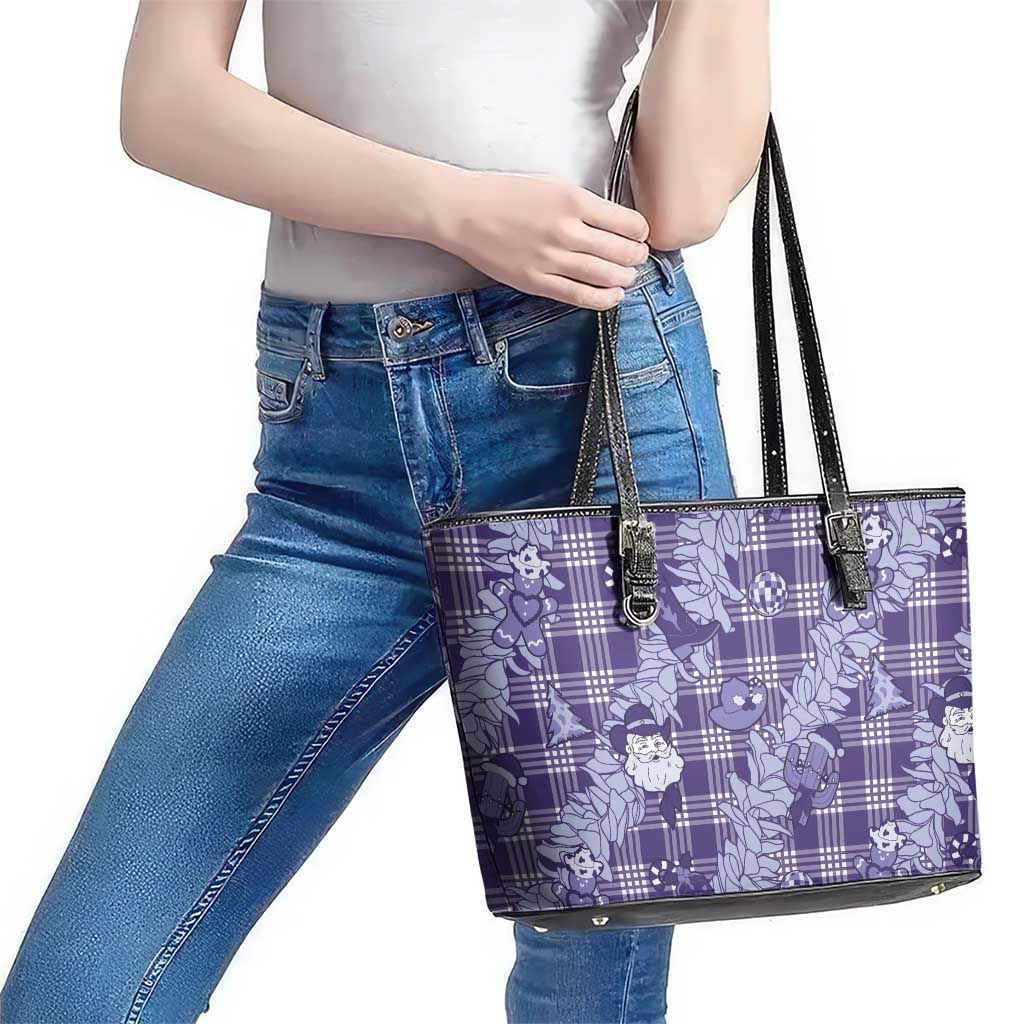 Purple Palaka Hawaii Cowboy Christmas Leather Tote Bag Paniolo Mix Maile Lei - Polynesian Pride