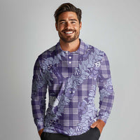 Purple Palaka Hawaii Cowboy Christmas Long Sleeve Polo Shirt Paniolo Mix Maile Lei - Polynesian Pride