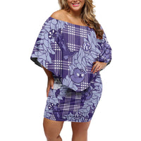 Purple Palaka Hawaii Cowboy Christmas Off Shoulder Short Dress Paniolo Mix Maile Lei - Polynesian Pride