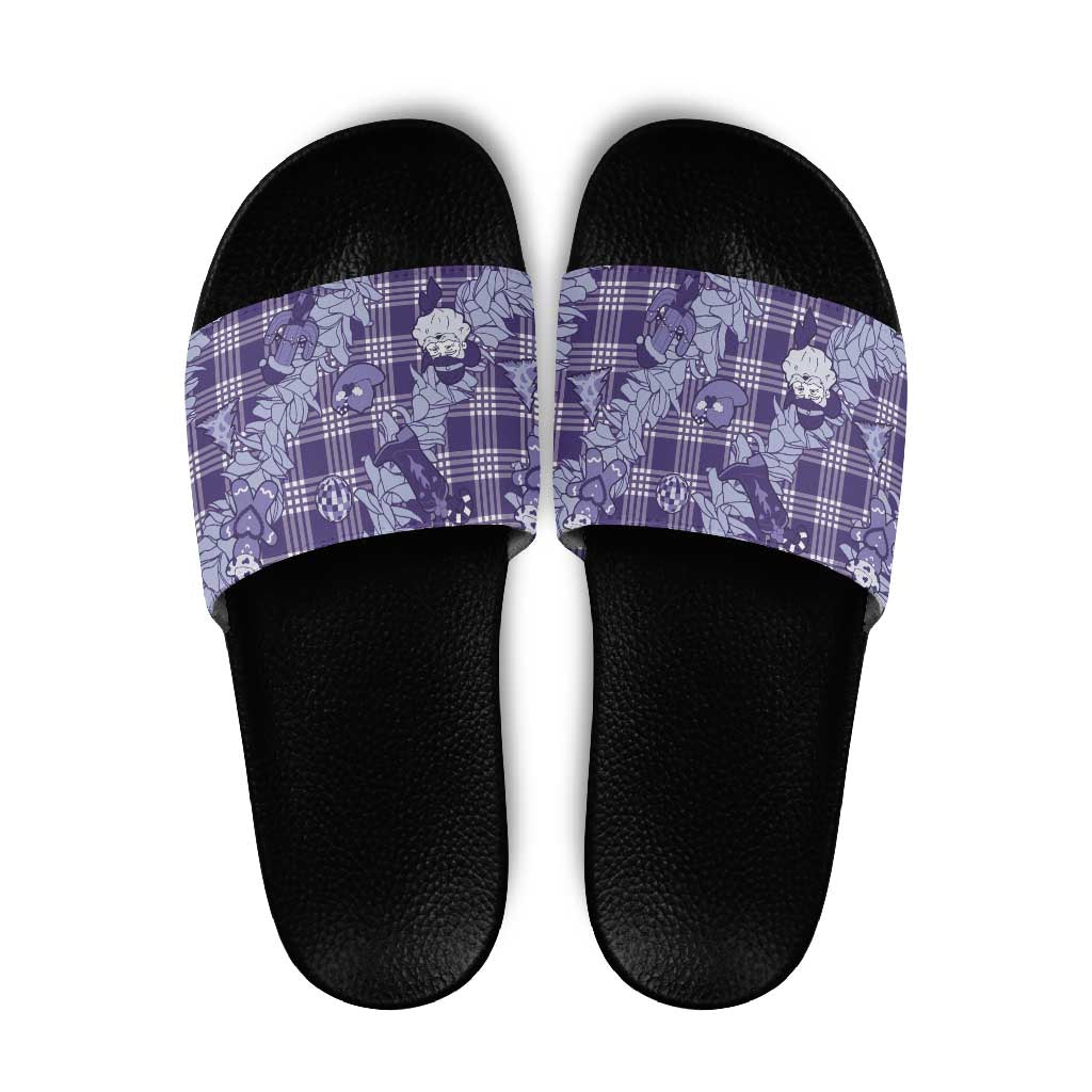 Purple Palaka Hawaii Cowboy Christmas Slide Sandals Paniolo Mix Maile Lei - Polynesian Pride
