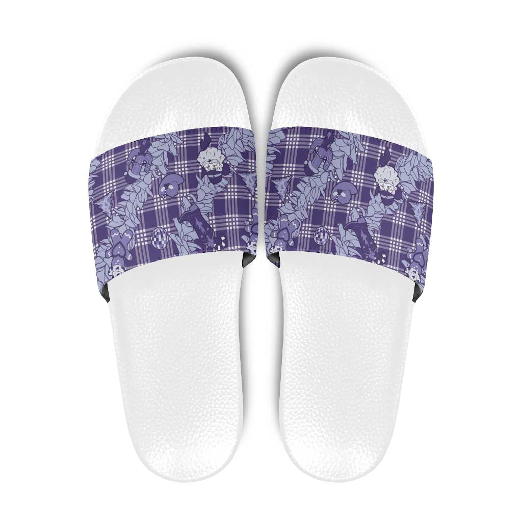 Purple Palaka Hawaii Cowboy Christmas Slide Sandals Paniolo Mix Maile Lei - Polynesian Pride