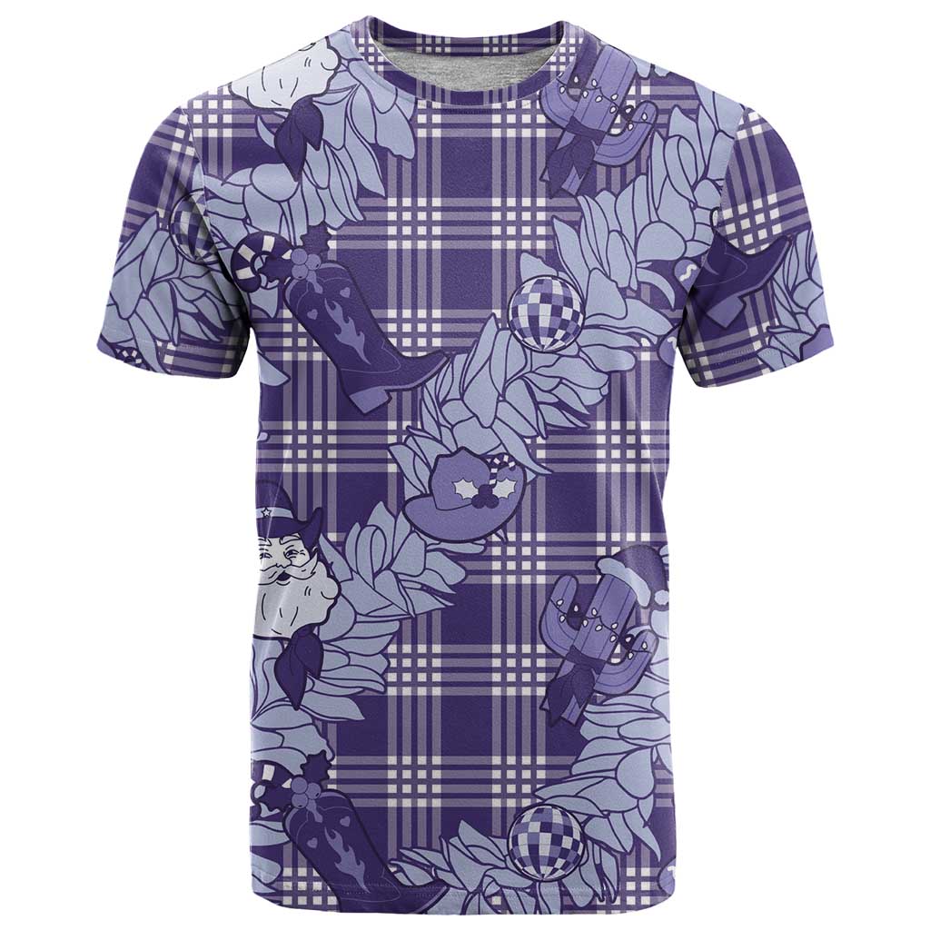 Purple Palaka Hawaii Cowboy Christmas T Shirt Paniolo Mix Maile Lei - Polynesian Pride