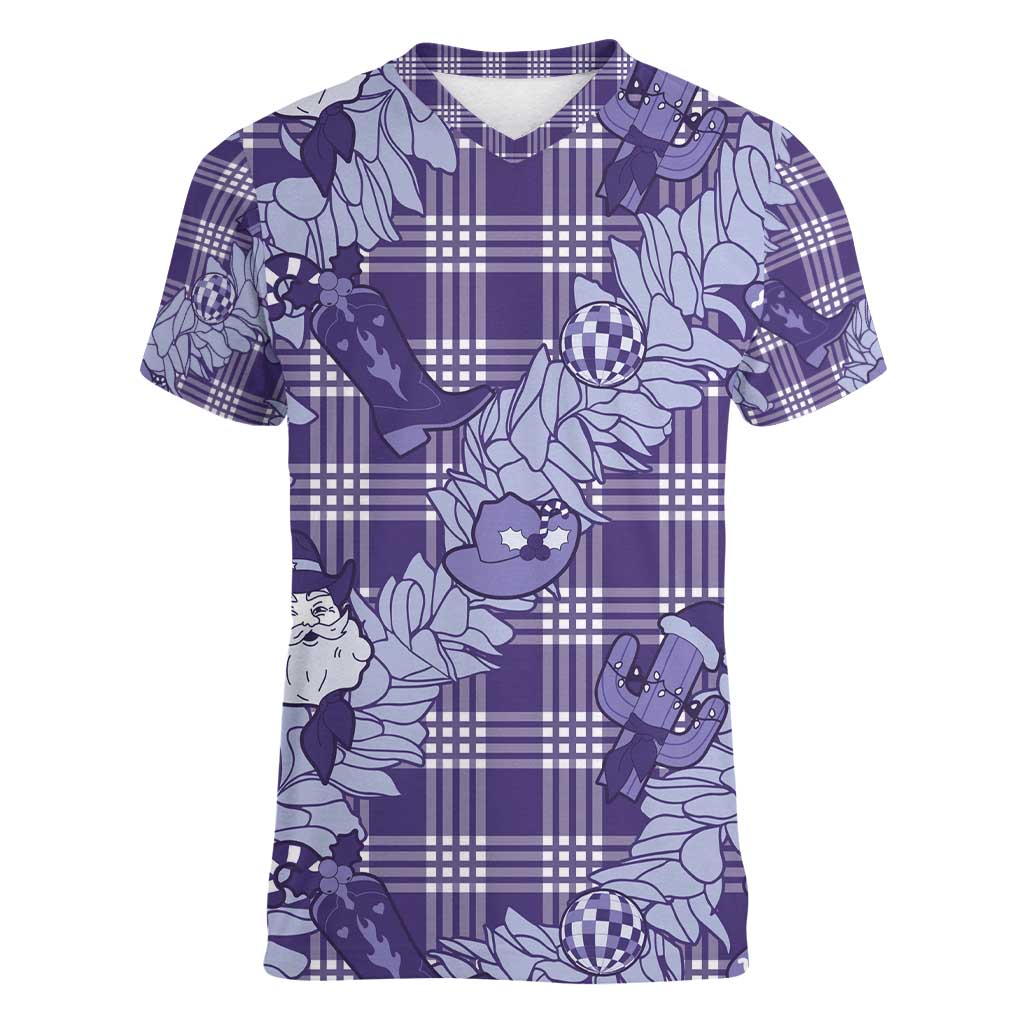 Purple Palaka Hawaii Cowboy Christmas Women V-Neck T-Shirt Paniolo Mix Maile Lei - Polynesian Pride