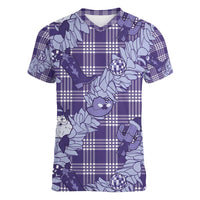 Purple Palaka Hawaii Cowboy Christmas Women V-Neck T-Shirt Paniolo Mix Maile Lei - Polynesian Pride