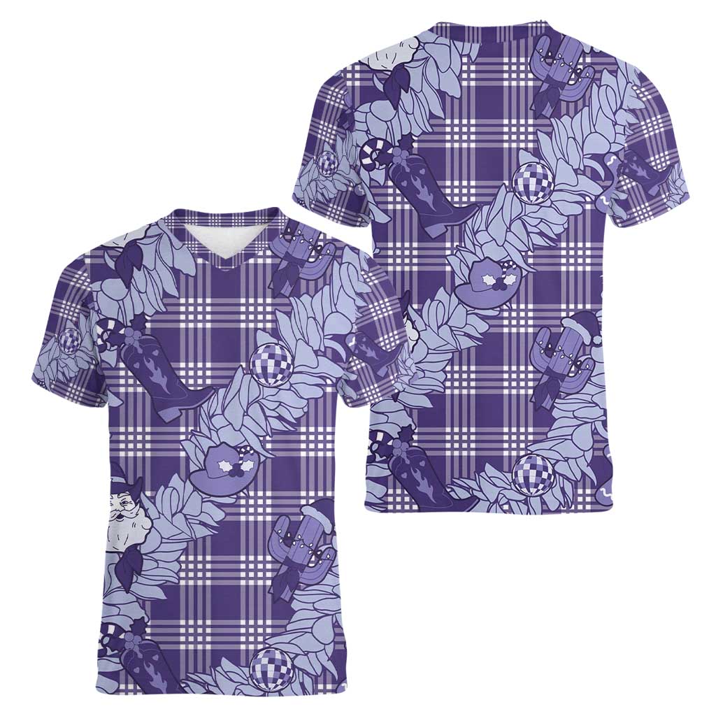 Purple Palaka Hawaii Cowboy Christmas Women V-Neck T-Shirt Paniolo Mix Maile Lei - Polynesian Pride