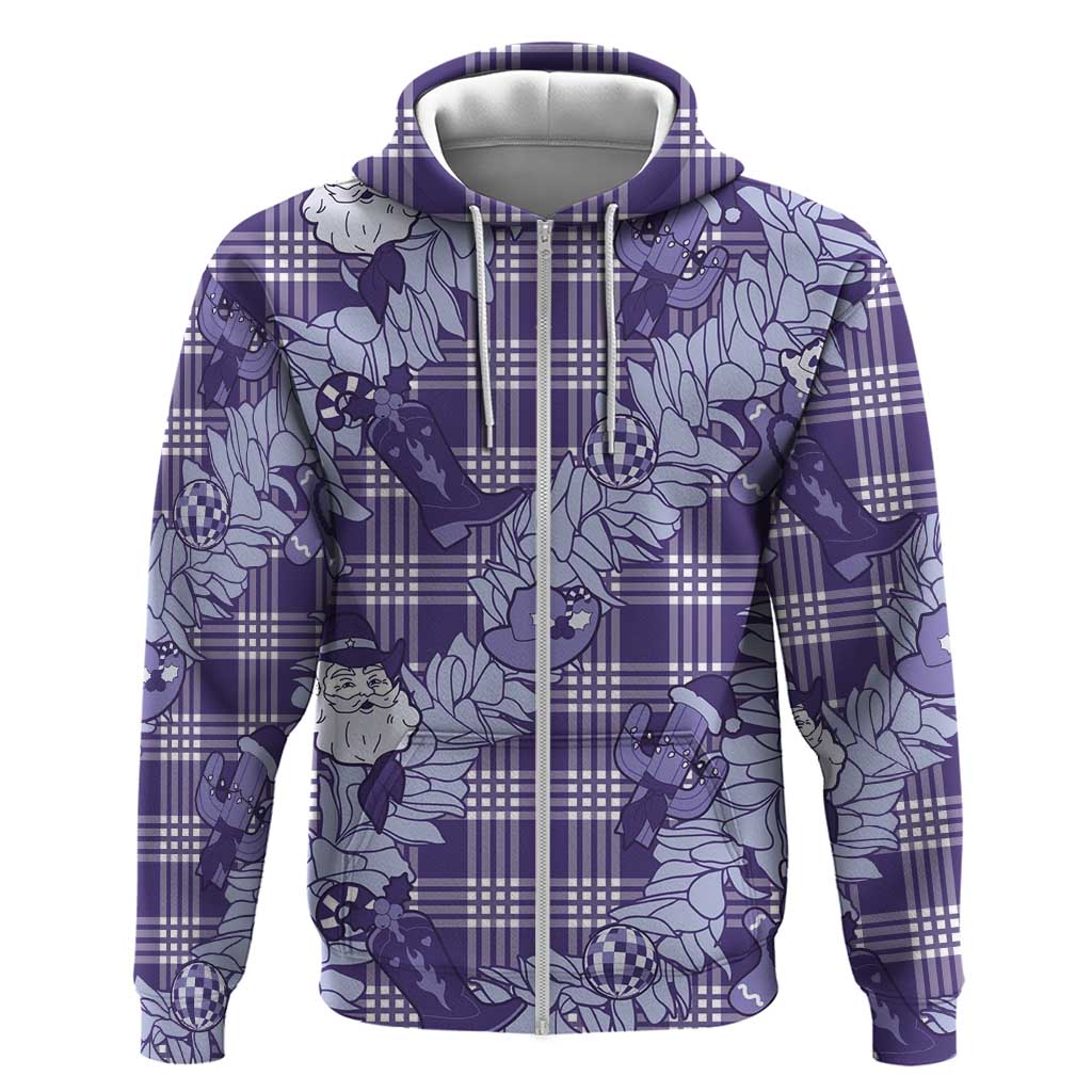 Purple Palaka Hawaii Cowboy Christmas Zip Hoodie Paniolo Mix Maile Lei - Polynesian Pride
