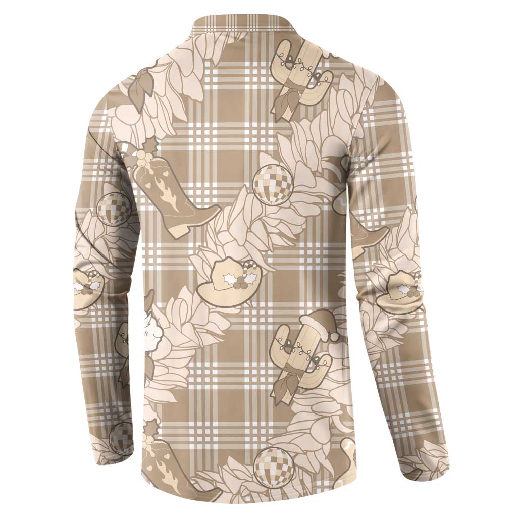 Khaki Palaka Hawaii Cowboy Christmas Button Sweatshirt Paniolo Mix Maile Lei - Polynesian Pride