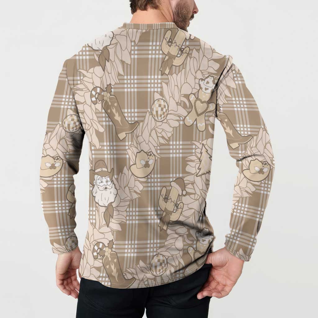 Khaki Palaka Hawaii Cowboy Christmas Button Sweatshirt Paniolo Mix Maile Lei - Polynesian Pride