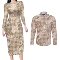 Khaki Palaka Hawaii Cowboy Christmas Couples Matching Long Sleeve Bodycon Dress and Long Sleeve Button Shirt Paniolo Mix Maile Lei - Polynesian Pride