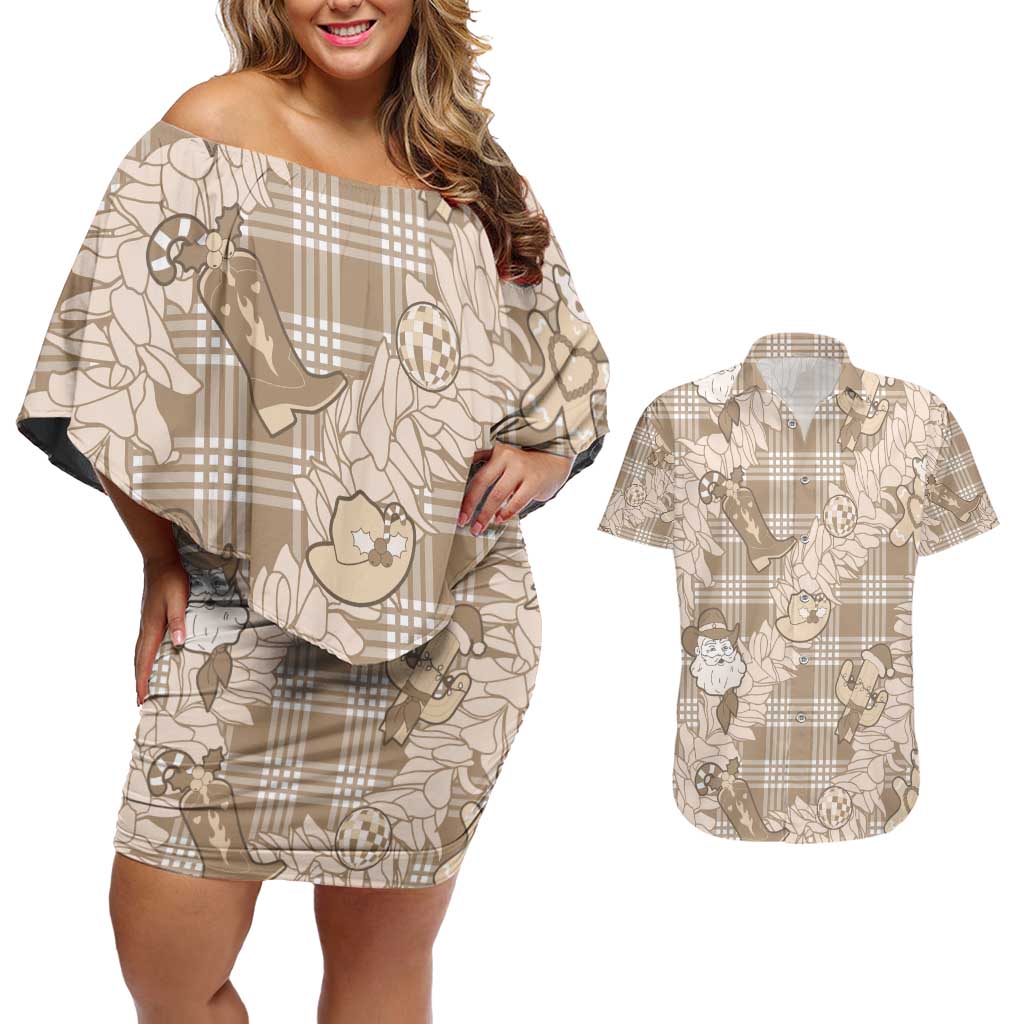 Khaki Palaka Hawaii Cowboy Christmas Couples Matching Off Shoulder Short Dress and Hawaiian Shirt Paniolo Mix Maile Lei - Polynesian Pride