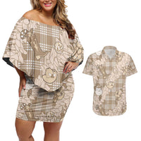 Khaki Palaka Hawaii Cowboy Christmas Couples Matching Off Shoulder Short Dress and Hawaiian Shirt Paniolo Mix Maile Lei - Polynesian Pride