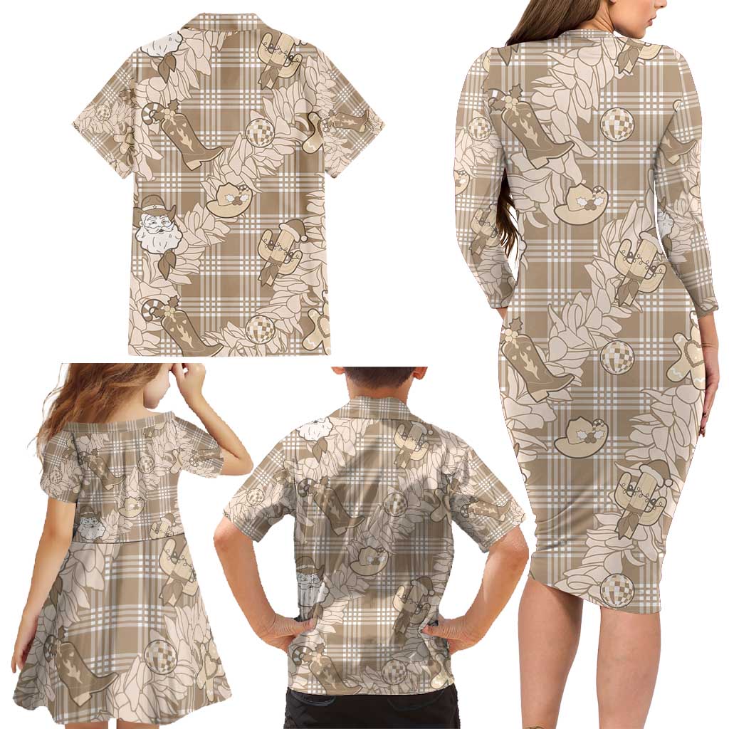 Khaki Palaka Hawaii Cowboy Christmas Family Matching Long Sleeve Bodycon Dress and Hawaiian Shirt Paniolo Mix Maile Lei - Polynesian Pride