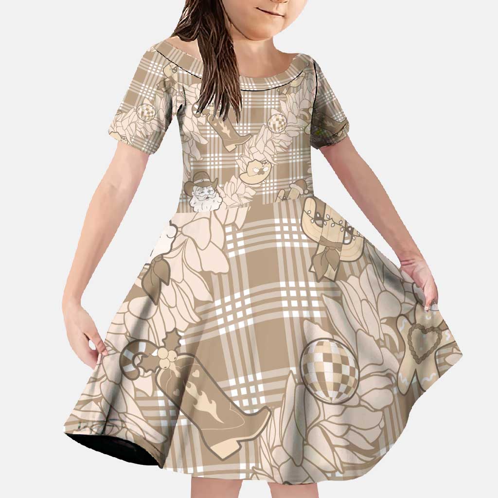 Khaki Palaka Hawaii Cowboy Christmas Family Matching Off Shoulder Maxi Dress and Hawaiian Shirt Paniolo Mix Maile Lei - Polynesian Pride