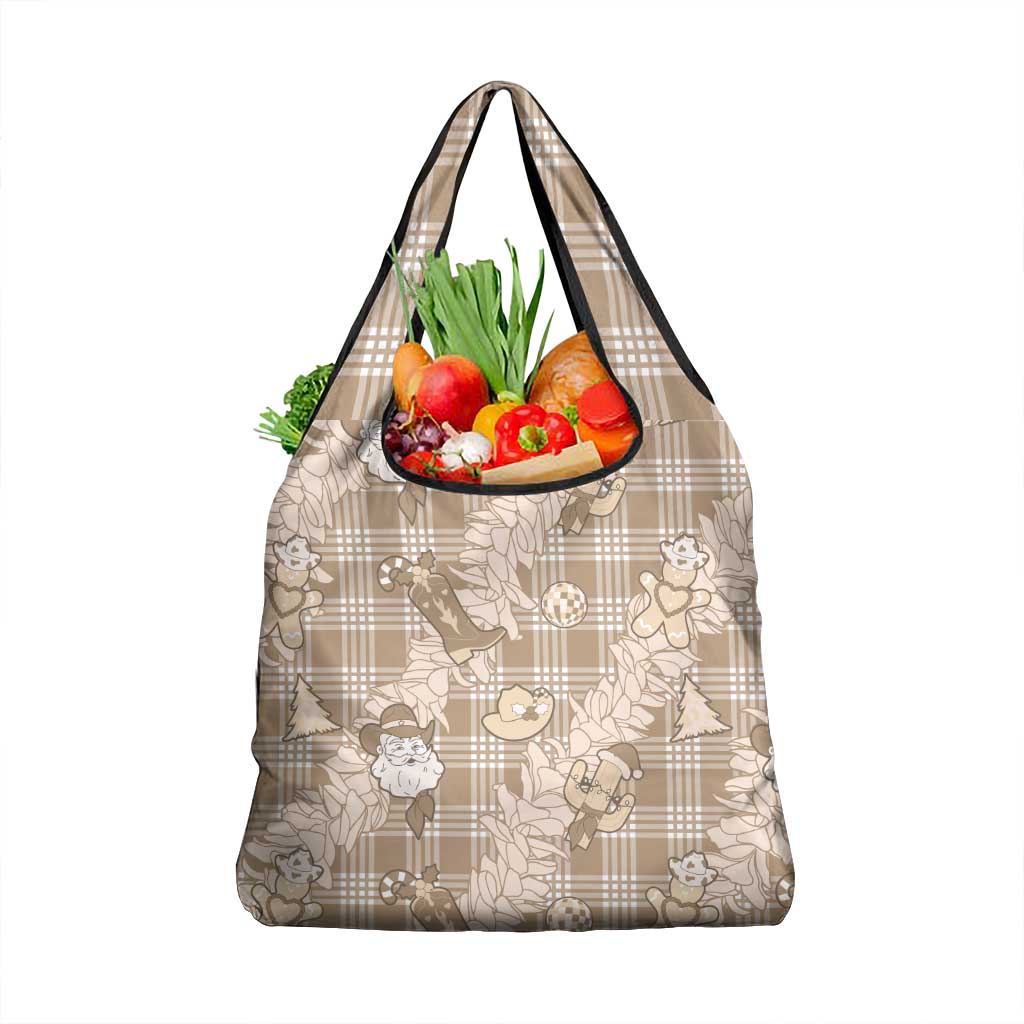 Khaki Palaka Hawaii Cowboy Christmas Grocery Bag Paniolo Mix Maile Lei - Polynesian Pride