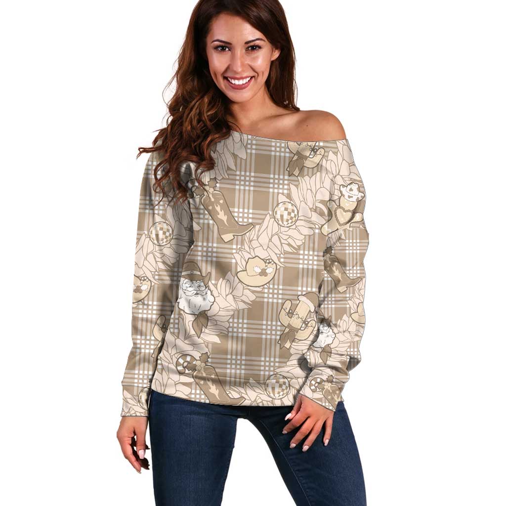 Khaki Palaka Hawaii Cowboy Christmas Off Shoulder Sweater Paniolo Mix Maile Lei - Polynesian Pride