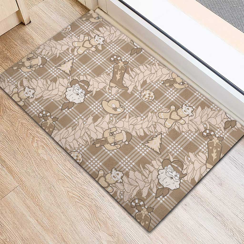 Khaki Palaka Hawaii Cowboy Christmas Rubber Doormat Paniolo Mix Maile Lei - Polynesian Pride