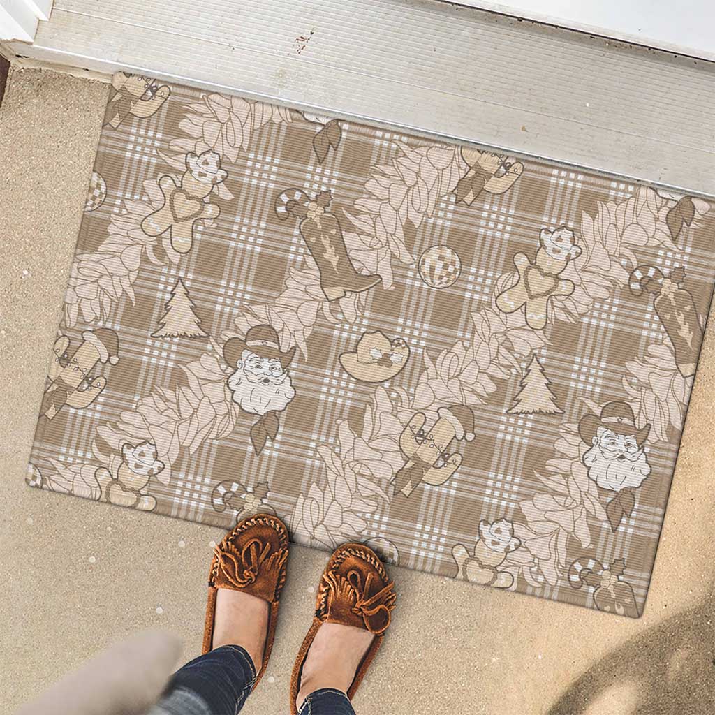 Khaki Palaka Hawaii Cowboy Christmas Rubber Doormat Paniolo Mix Maile Lei - Polynesian Pride