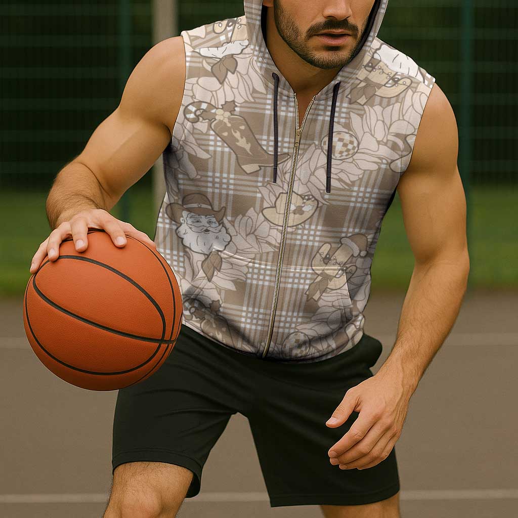 Khaki Palaka Hawaii Cowboy Christmas Sleeveless Zip Hoodie Paniolo Mix Maile Lei - Polynesian Pride