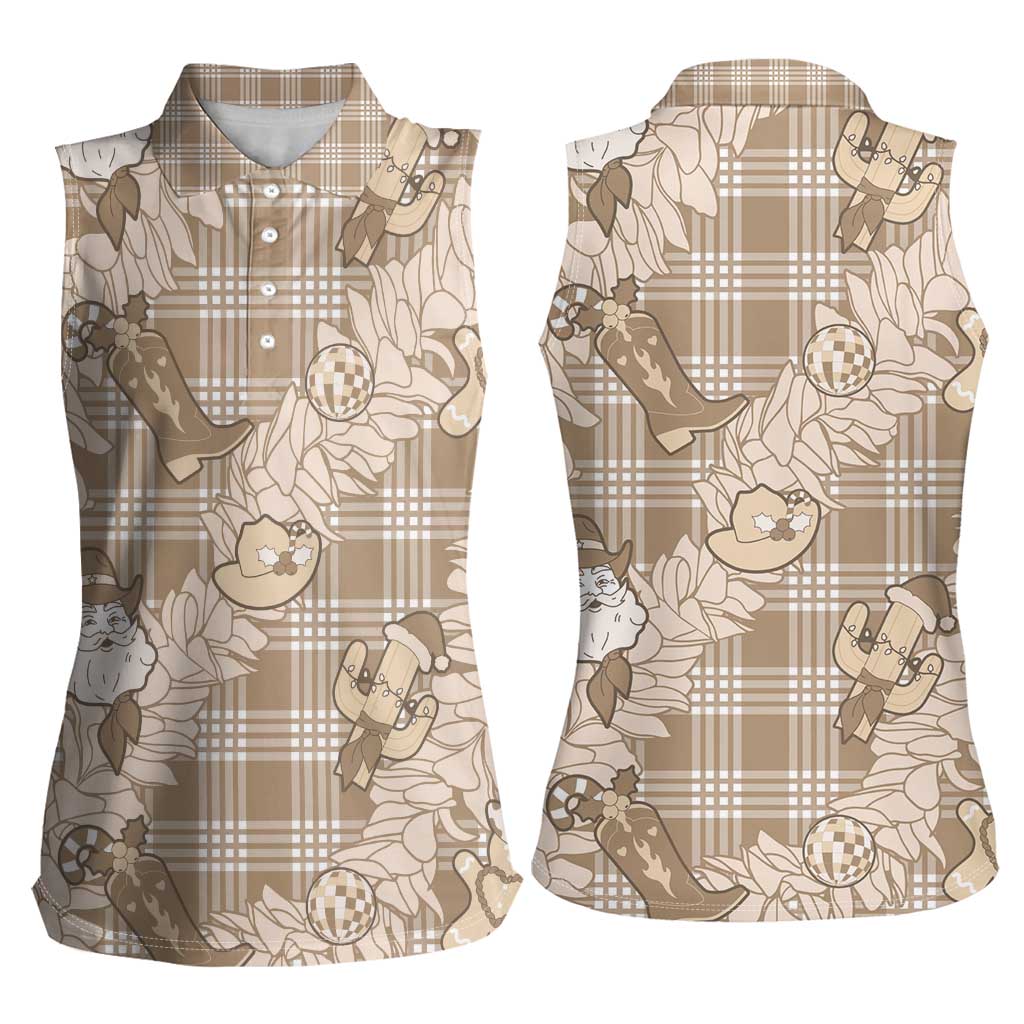 Khaki Palaka Hawaii Cowboy Christmas Women Sleeveless Polo Shirt Paniolo Mix Maile Lei - Polynesian Pride
