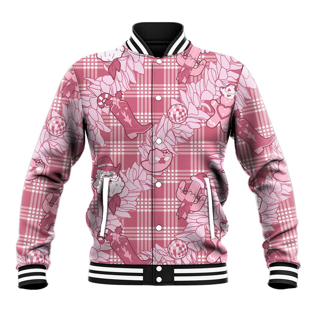 Pink Palaka Hawaii Cowboy Christmas Baseball Jacket Paniolo Mix Maile Lei - Polynesian Pride