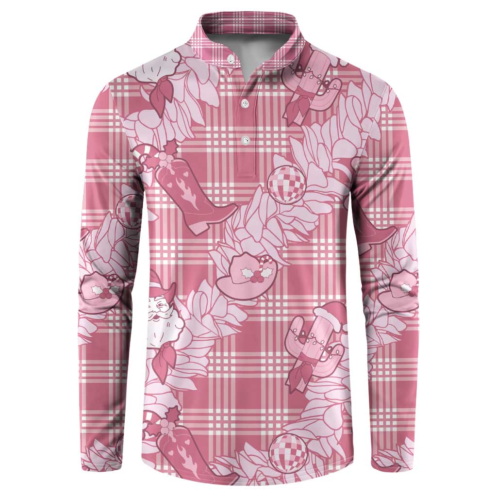 Pink Palaka Hawaii Cowboy Christmas Button Sweatshirt Paniolo Mix Maile Lei - Polynesian Pride