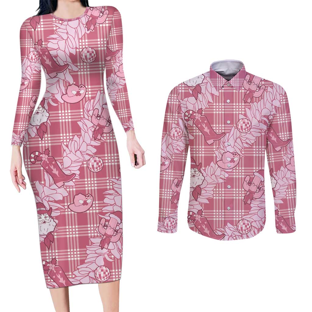 Pink Palaka Hawaii Cowboy Christmas Couples Matching Long Sleeve Bodycon Dress and Long Sleeve Button Shirt Paniolo Mix Maile Lei - Polynesian Pride