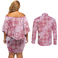 Pink Palaka Hawaii Cowboy Christmas Couples Matching Off Shoulder Short Dress and Long Sleeve Button Shirt Paniolo Mix Maile Lei - Polynesian Pride