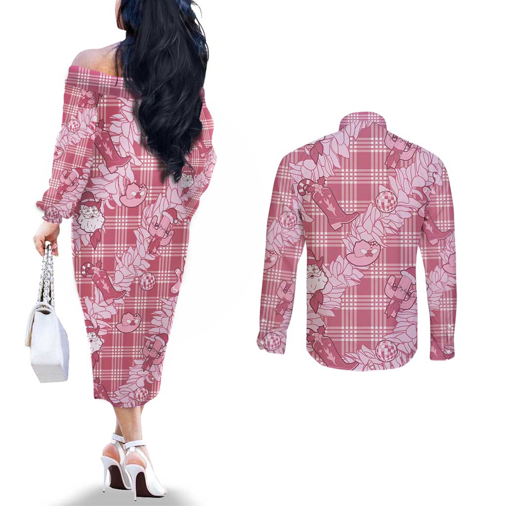 Pink Palaka Hawaii Cowboy Christmas Couples Matching Off The Shoulder Long Sleeve Dress and Long Sleeve Button Shirt Paniolo Mix Maile Lei - Polynesian Pride