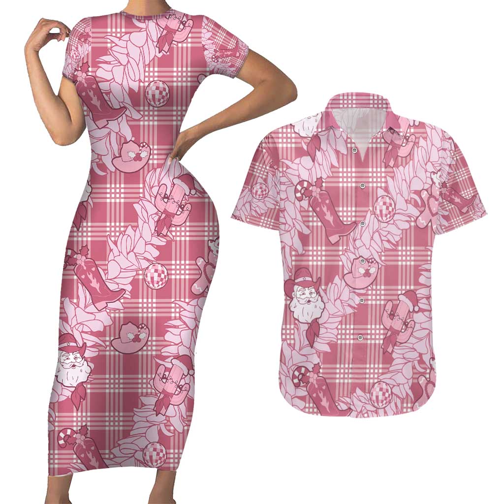 Pink Palaka Hawaii Cowboy Christmas Couples Matching Short Sleeve Bodycon Dress and Hawaiian Shirt Paniolo Mix Maile Lei - Polynesian Pride