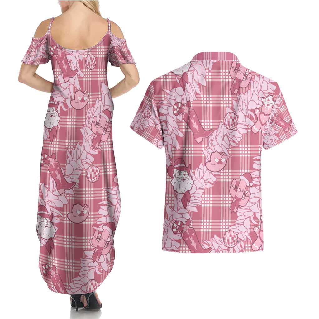 Pink Palaka Hawaii Cowboy Christmas Couples Matching Summer Maxi Dress and Hawaiian Shirt Paniolo Mix Maile Lei - Polynesian Pride