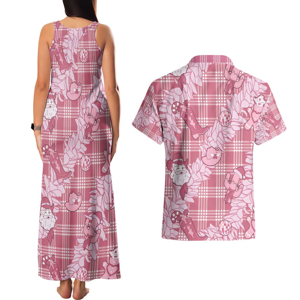 Pink Palaka Hawaii Cowboy Christmas Couples Matching Tank Maxi Dress and Hawaiian Shirt Paniolo Mix Maile Lei - Polynesian Pride