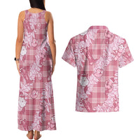 Pink Palaka Hawaii Cowboy Christmas Couples Matching Tank Maxi Dress and Hawaiian Shirt Paniolo Mix Maile Lei - Polynesian Pride
