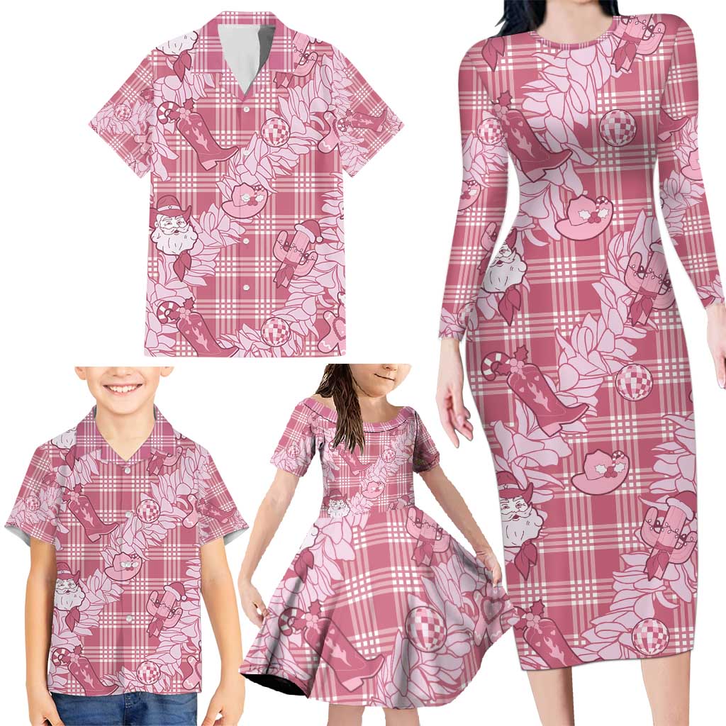 Pink Palaka Hawaii Cowboy Christmas Family Matching Long Sleeve Bodycon Dress and Hawaiian Shirt Paniolo Mix Maile Lei - Polynesian Pride