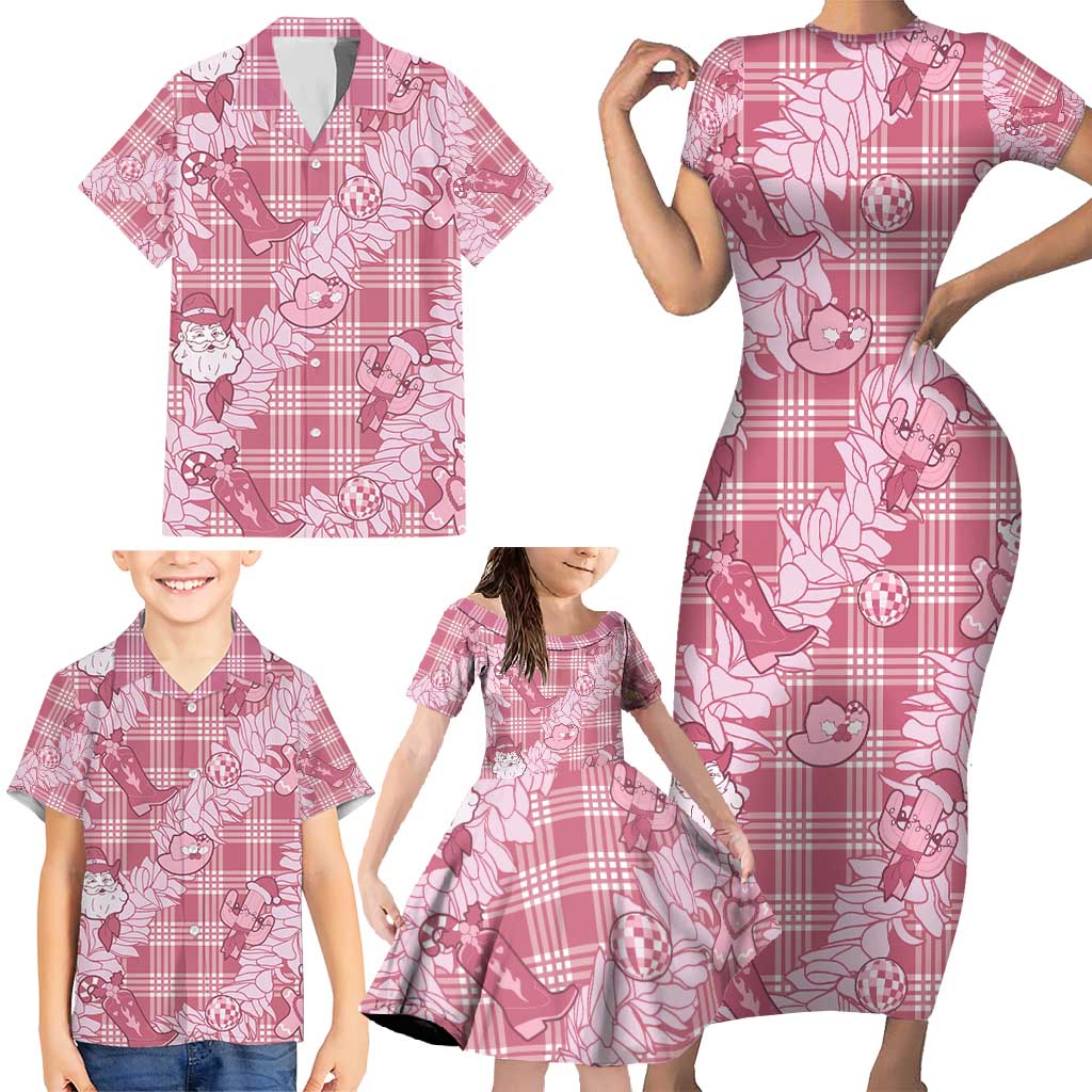 Pink Palaka Hawaii Cowboy Christmas Family Matching Short Sleeve Bodycon Dress and Hawaiian Shirt Paniolo Mix Maile Lei - Polynesian Pride