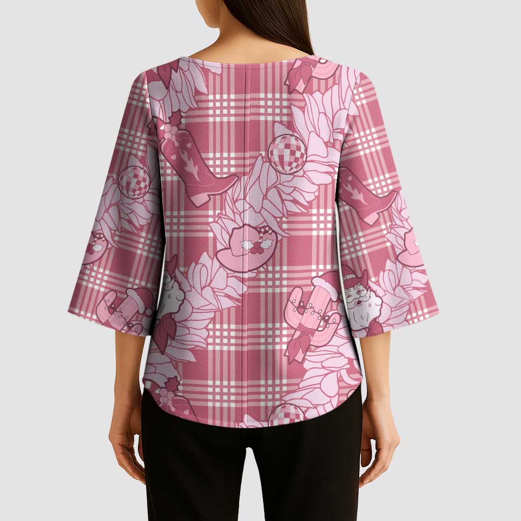 Pink Palaka Hawaii Cowboy Christmas Kimono Sleeve Blouse Paniolo Mix Maile Lei - Polynesian Pride