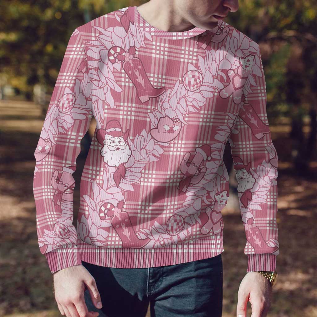 Pink Palaka Hawaii Cowboy Christmas Ugly Christmas Sweater Paniolo Mix Maile Lei - Polynesian Pride