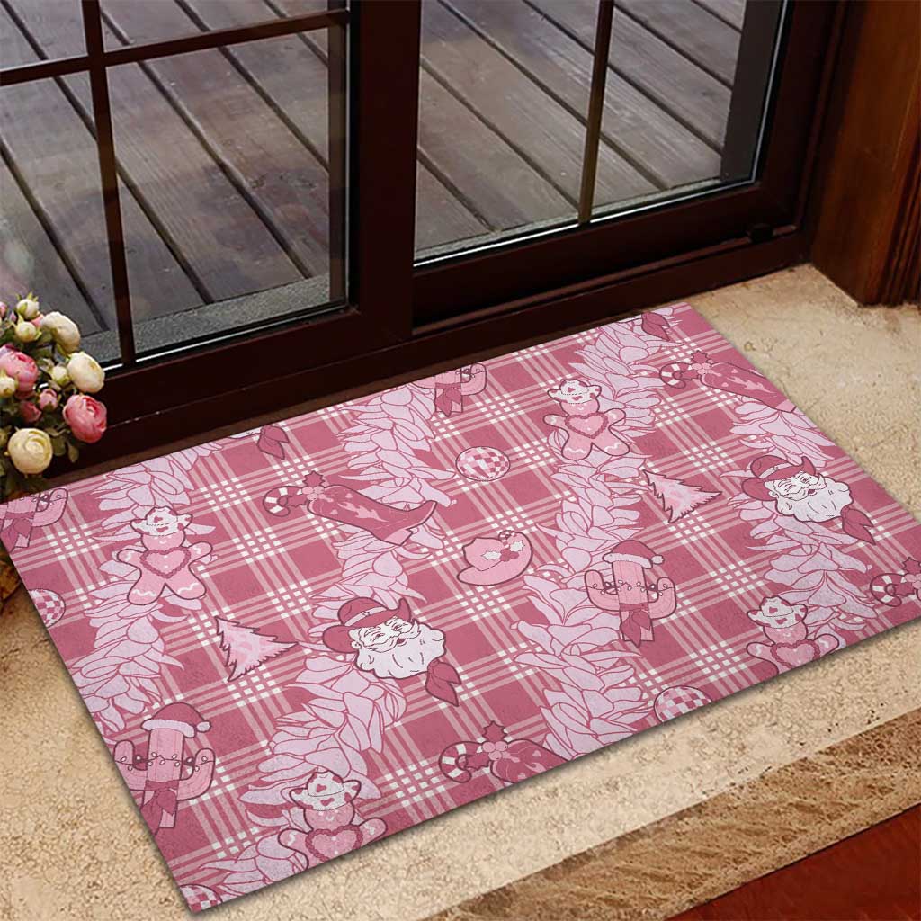 Pink Palaka Hawaii Cowboy Christmas Rubber Doormat Paniolo Mix Maile Lei - Polynesian Pride